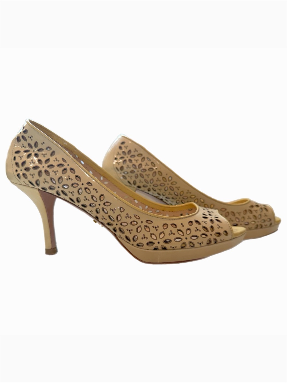 Prada Yellow Patent Leather Perforated Peep-Toe Heels - Picture 2 of 4